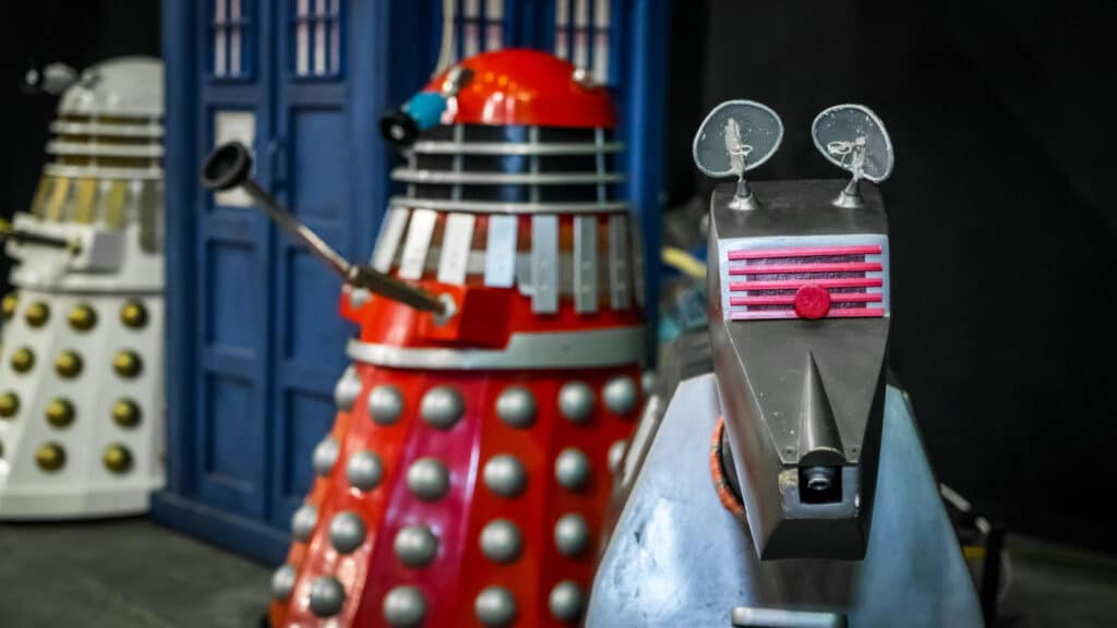 Models of the 'dalek' and 'K-9' characters from 'Doctor Who'