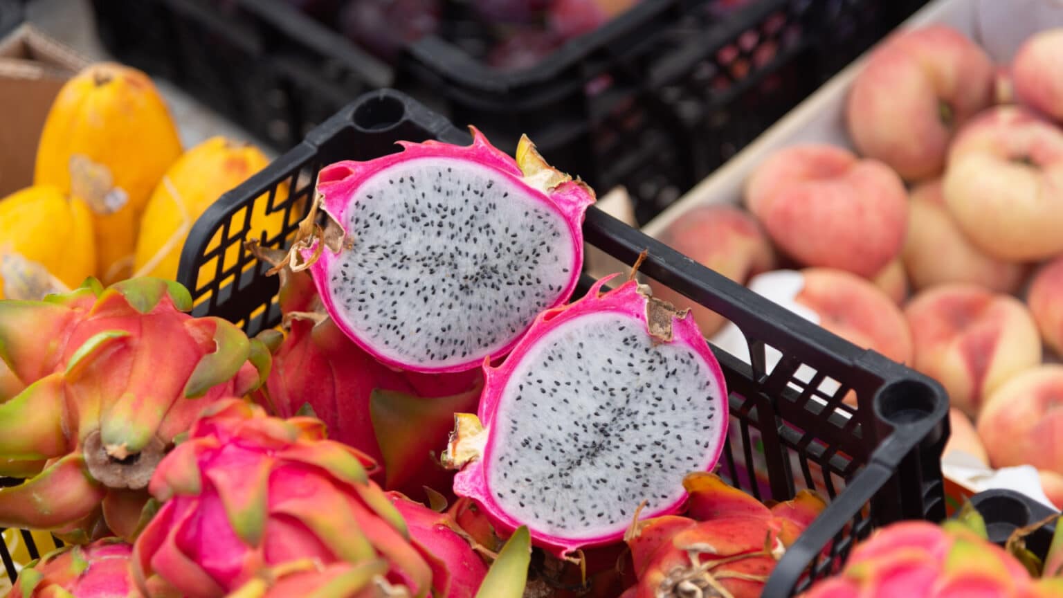 delicious Pitahaya, dragón fruit and exotic tropical fruits on a street market on Lanzarote canary islands