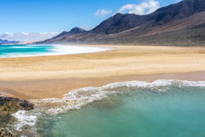 Landscape of Cofete beach, with turquoise water on Fuerteventura island, Spain - Canary islands
